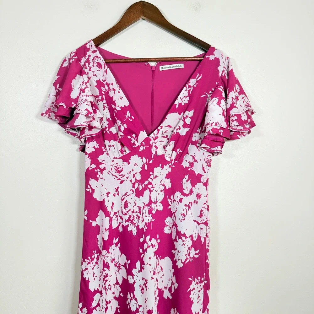 Abercrombie & Fitch Flutter Sleeve Floral Maxi Dress Size Medium Pink White